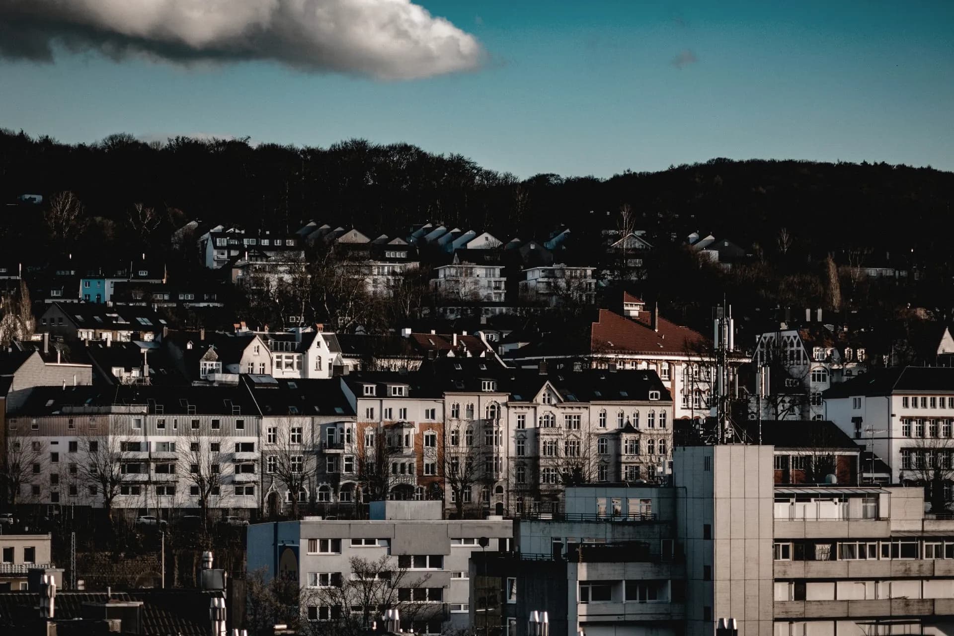 Häuserzeilen einer Stadt in Hanglage vor einem bewaldeten Höhenzug